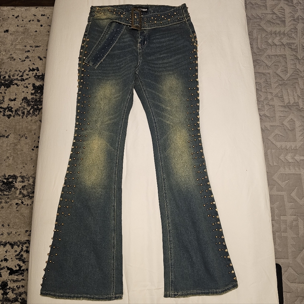 Fashion Nova Blue Studded Flare Jeans